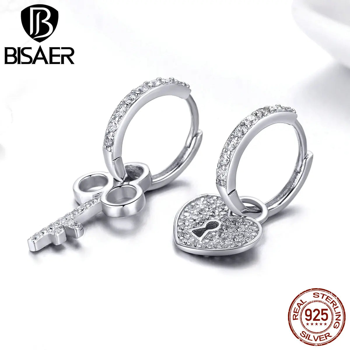 BISAER Vente chaude 925 Sterling Silver Love Heart Lock & Crystal Key Shape Stud Earrings Stud Femmes Bijoux de mariage Brincos ECE577