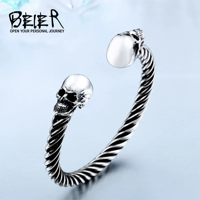 Beier new store 316L Stainless Steel Bangles high quality for women and men double skull PUNK Bangles fashion jewelry LLBRG-012G - Madeinsea©