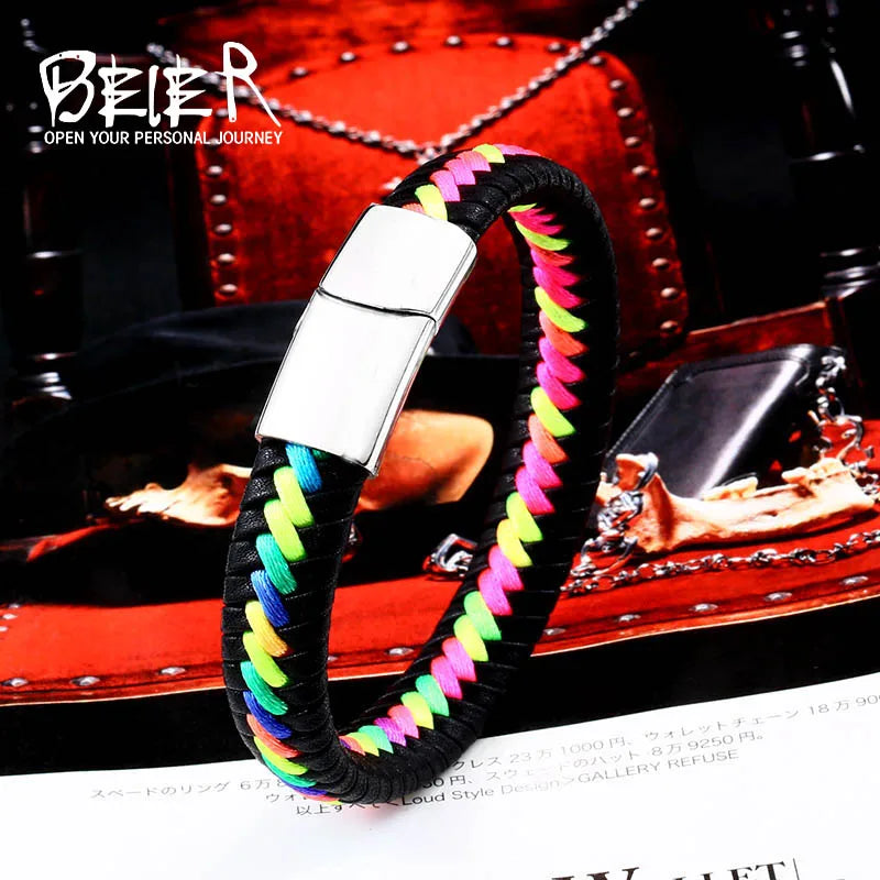 Beier nouveau magasin Bracelet tissé en cuir de vache coloré à mélanger et à assortir pour les amoureux de la mode bijoux arc-en-ciel cadeau LLBC-L0106