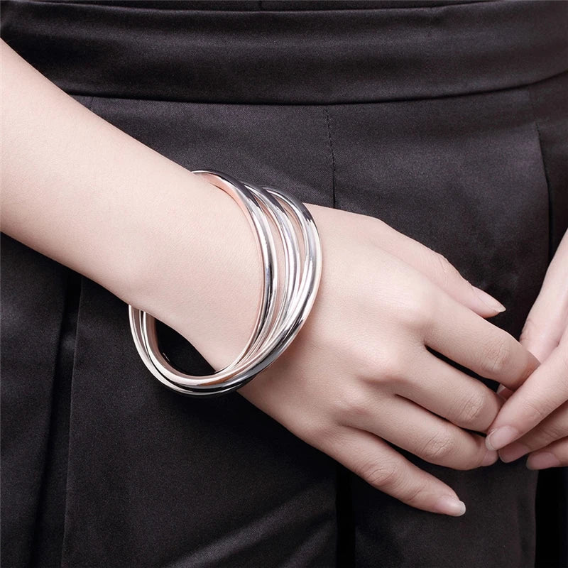 DOTEFFIL 925 Sterling Silver Bracelet Bangles Women Three Lines Smooth High Quality Solid Bracelet Bangles Fashion Jewelry