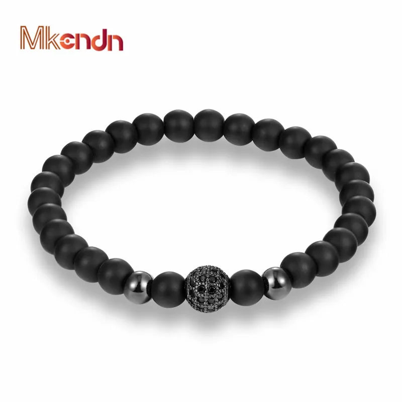 MKENDN Mode Schwarz CZ Ball Männer Armband Naturstein Matte Perlen Charme Armbänder Männer Schmuck Yoga pulsera hombres