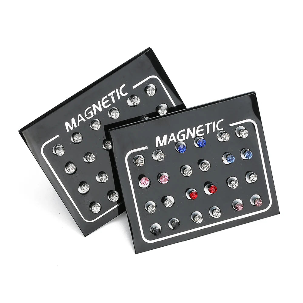 AHKNORMAILCUI 12 Pair/lot 3/4/5/6mm Round Crystal Rhinestone Magnet Stud Earring Puck Womens Magnetic Fake Ear Plug Body Jewelry