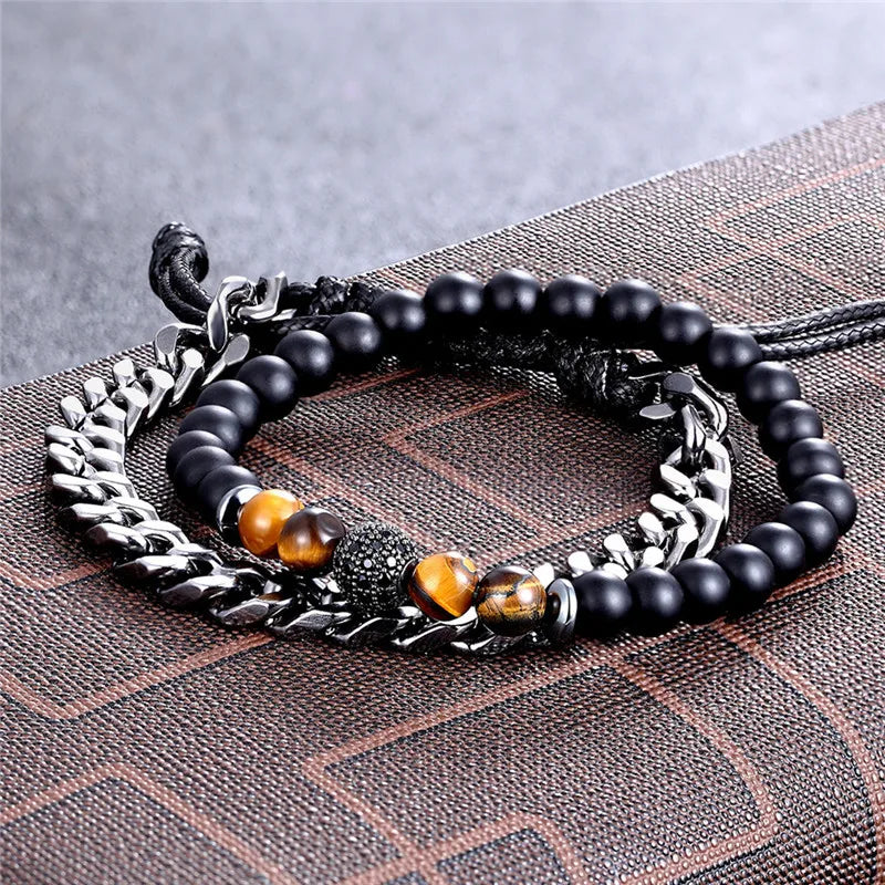 MKENDN 2Pcs/Set Natural Tiger Eye Men Women Stone Beads Pave CZ Beaded Bracelet Stainless Steel Cuban Link Chain Bracelets