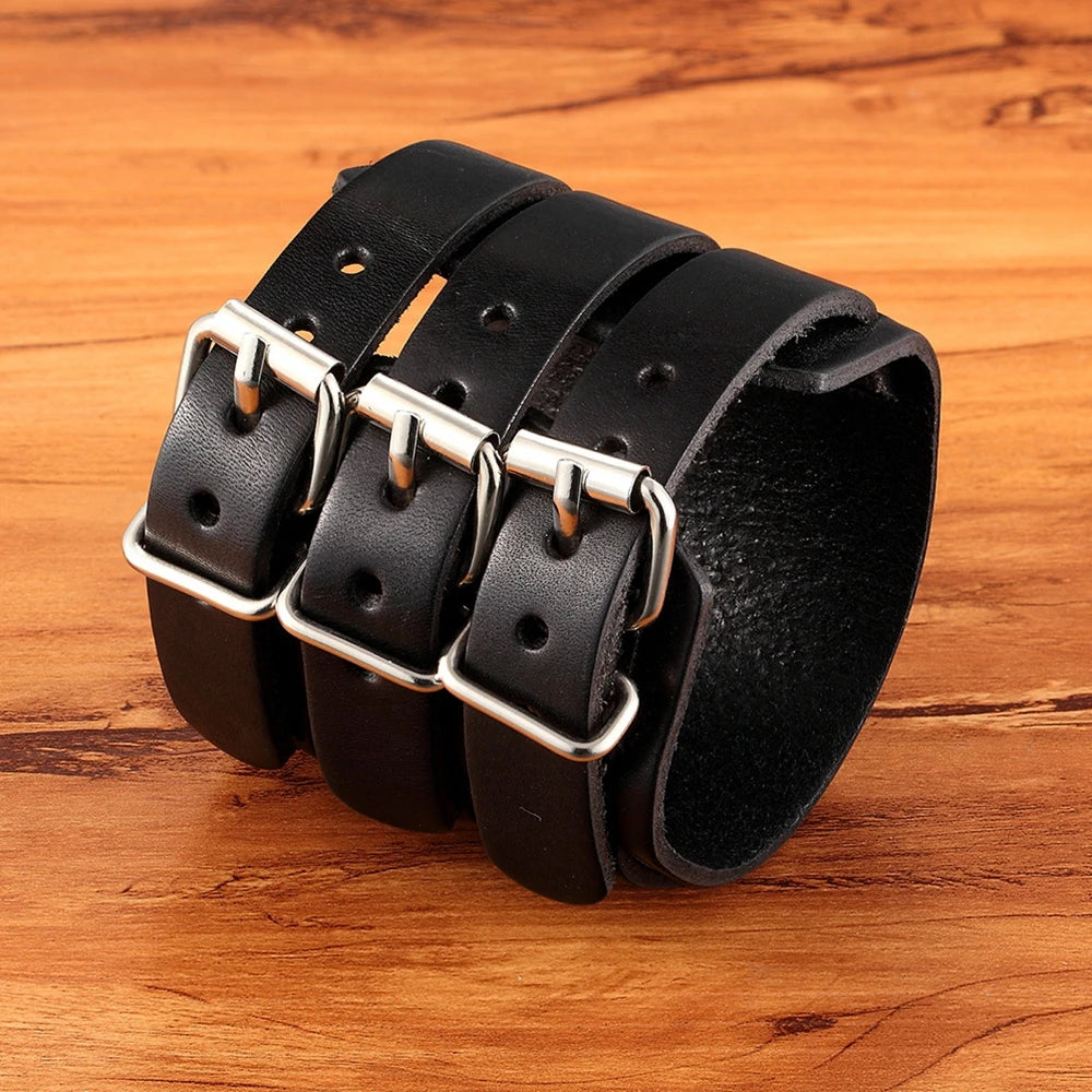 TYO Classic Men's Boys Adjustable Genuine Leather Cuff Bracelet Punk Rock Jewelry Black/Brown Three Layers Watch Bangles - Madeinsea©