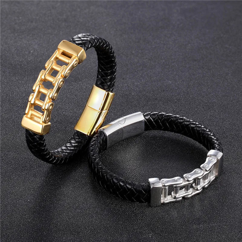 MKENDN Punk Men Stainless Steel Genuine Leather Rope Magnetic Clasp Accessories Male Charm Bracelets Wristband Rock Boyfriend