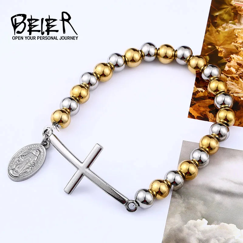 BEIER Jesus Christ Cross Charm Beads Bracelet & BangleBoys Mens women Chain Stainless Steel Jewelry Accessories LLBC8-048R