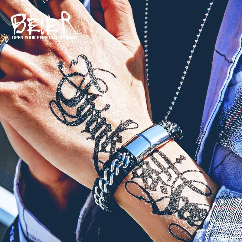 Beier New Store Bracelet en acier titane et cuir à géométrie populaire, couleur or, bijoux de haute qualité LLBC-L031