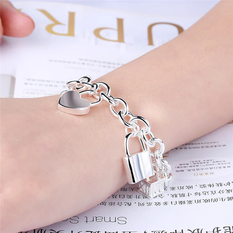DOTEFFIL 925 Sterling Silver Bracelet Heart / Circle / Square Lock Bracelets Bangles Woman Man Fashion Charm Wedding Jewelry