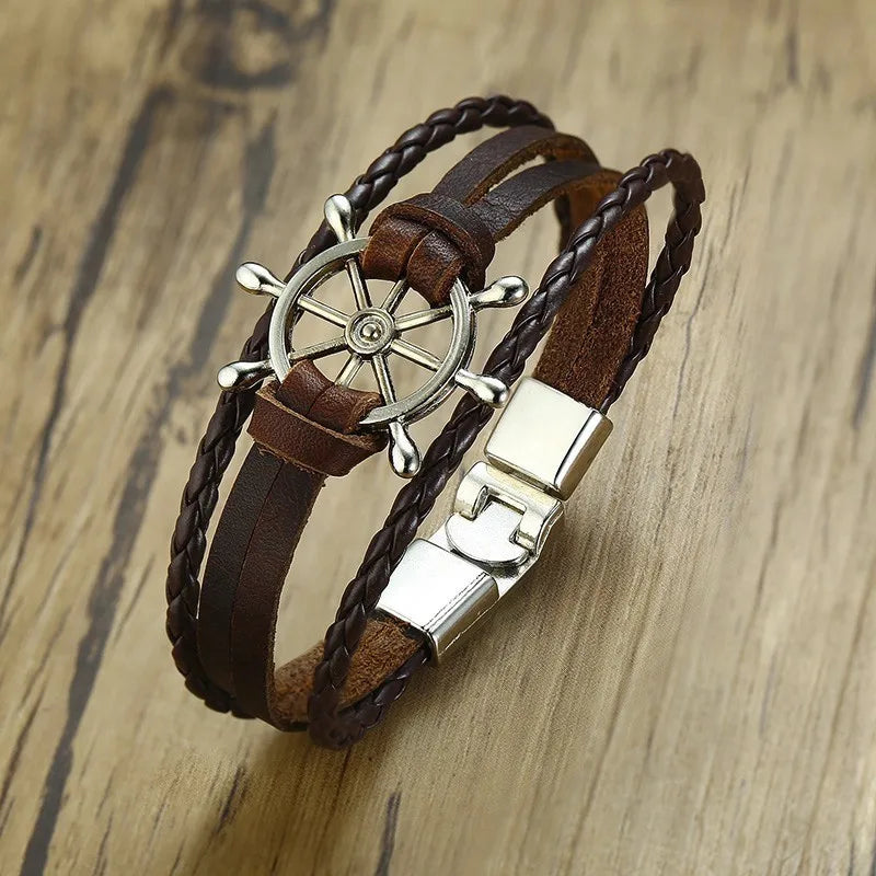 Herren Sailor Rudder Mehrschichtiges Lederarmband für Männer Nautische Armreifen Brackelts Brazalet Vintage Steuermann Crew Schmuck