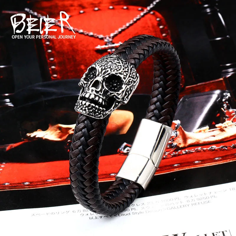Beier nouveau magasin populaire crâne hommes bracelet punk boule cuir tricot haute qualité bijoux cadeaux LLBC-L0103