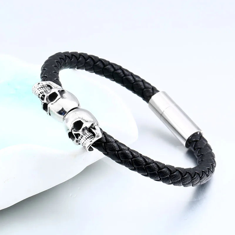 Beier new store new leather woven men's bracelet punk double skull fashion party jewelry gift LLBC-L049 - Madeinsea©