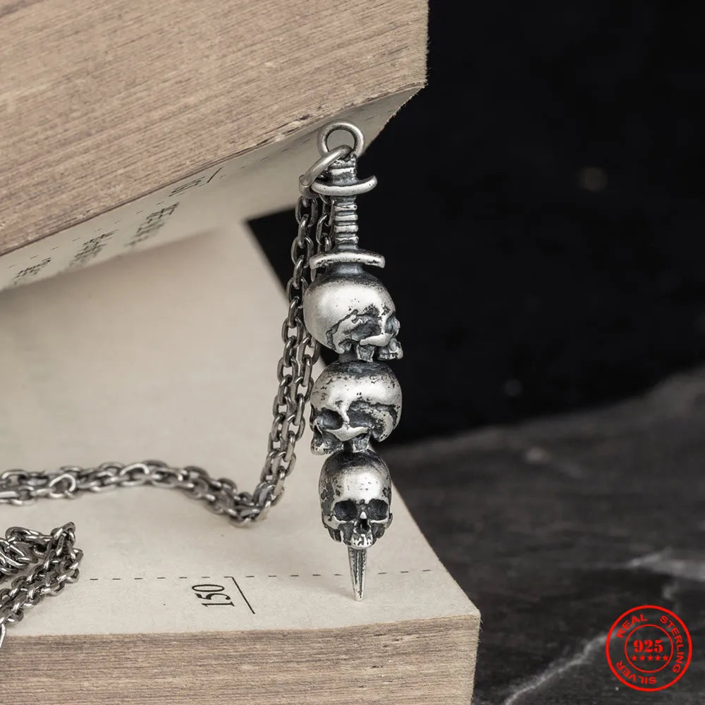 MKENDN Gothic Style 100% 925 Sterling Silver Creative Retro Sword Piercing Skull Pendant Necklace For Men Women Fine Jewelry