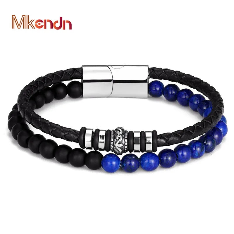 MKENDN Men Natural Stone Genuine Braided Leather Bracelet Stainless Steel Magnetic Clasp Iapis lazuli Bead Bracelet Jewelry