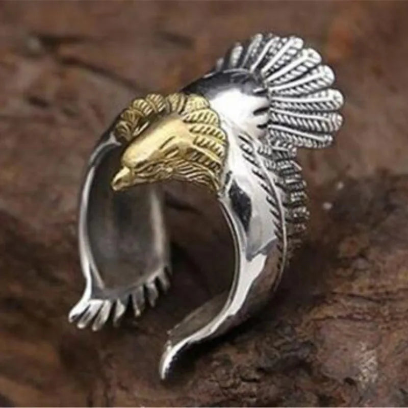 Buyee 925 Sterling Silber Einzigartiger großer Ringfinger Niedlicher goldener Adlerkopf Offener Ring für Männer Frauen Punk Tier Feiner Schmuck Kreis