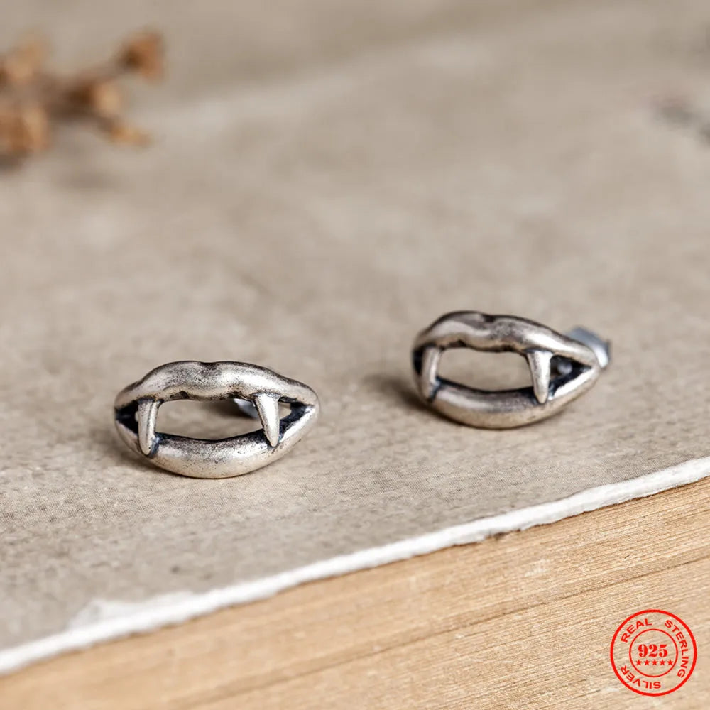 MKENDN Real 925 Sterling Silver Creative Retro Vampire Lips Stud Earrings Trendy Street Punk Style For Men Women Gothic Jewelry