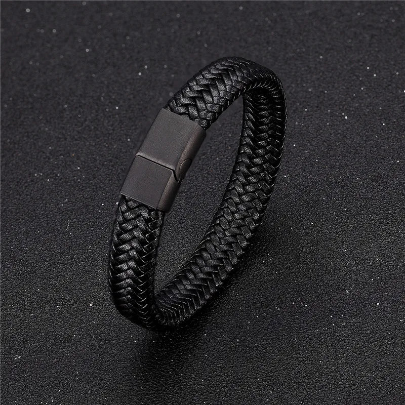 MKENDN Punk Style Leather Bracelet for Men Black Braided Woven Bangle with Magnetic Clasp Stainless Steel Jewelry Gift for Him