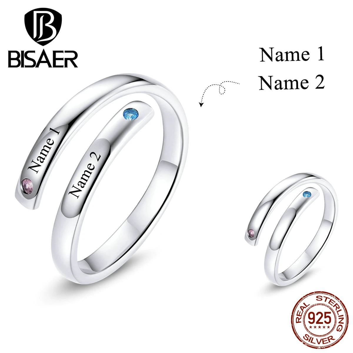 Bague personnalisée BISAER en argent sterling 100 % 925 avec nom gravé pour femme, bague réglable, meilleur cadeau ECR747
