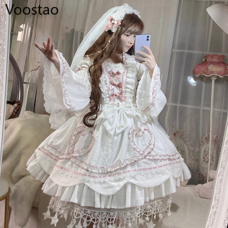 Sweet Chic Lolita Princess OP Dress Women Vintage Elegant Bow Lace Ruffles Pearls Flowers Wedding Dresses Girly Cute Party Dress
