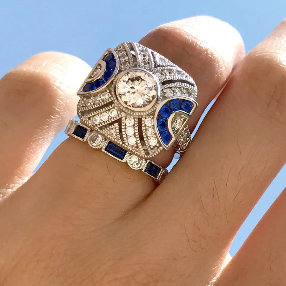 Buyee 925 Sterling Silber Paar Ring Sets Blau Kristall Stein Quadrat Streifen Ring für Frauen Luxus Hochzeit Engagement Schmuck