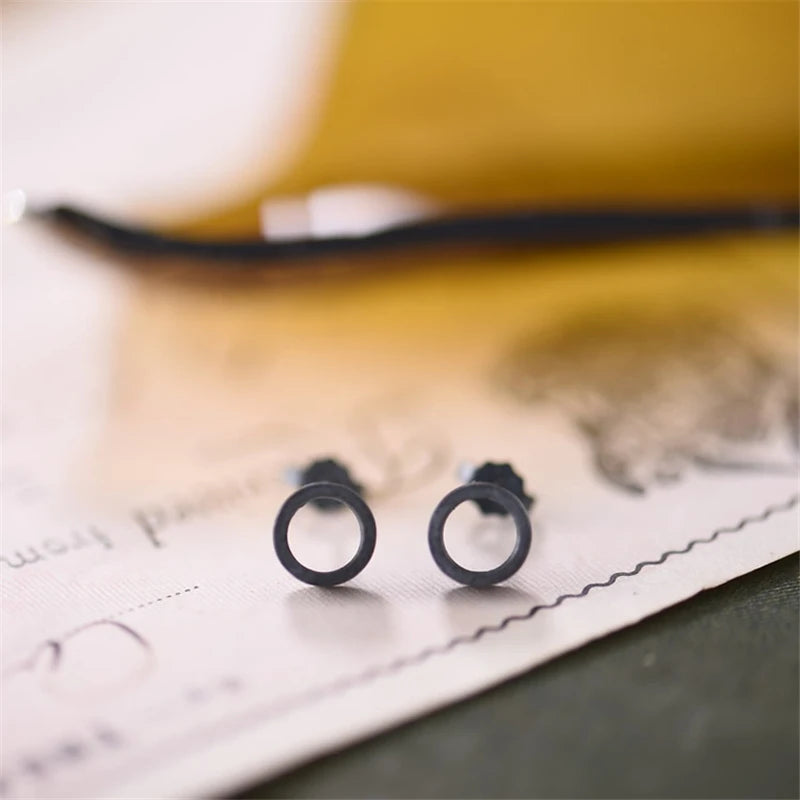 MKENDN Vintage 925 Sterling Silver Men Hollow Round Stud Earrings Oxidized Black Woman Hypoallergenic All-match Ear Jewelry - Madeinsea©