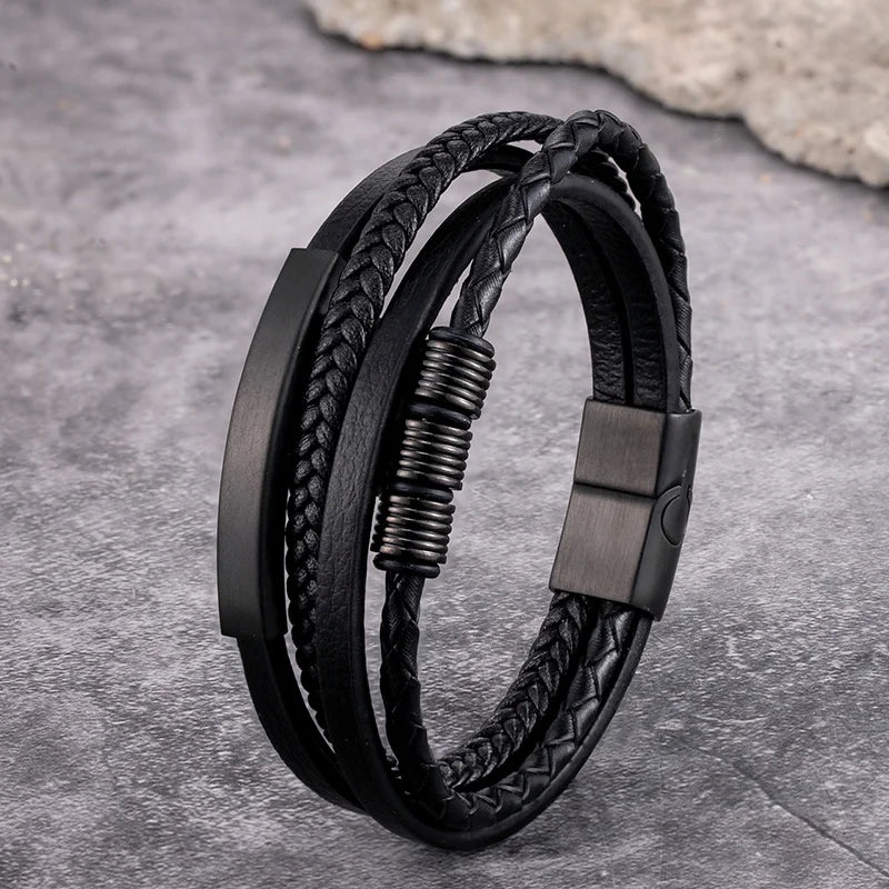 MKENDN Punk Men Multilayer Braid Genuine Leather Bracelet Titanium Stainless Steel Magnetic Buckle Bracelet Homme Pulseras - Madeinsea©