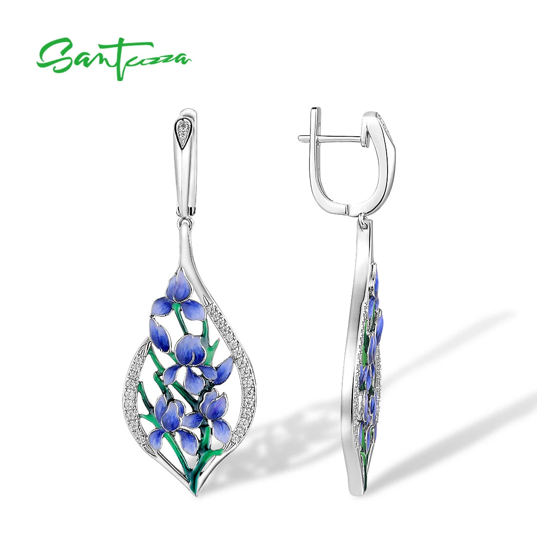 Boucles d'oreilles SANTUZZA en argent sterling 925 pour femmes, boucles d'oreilles pendantes en forme de fleur d'orchidée bleue en zircone cubique blanche, bijoux fins à la mode, émail fait à la main