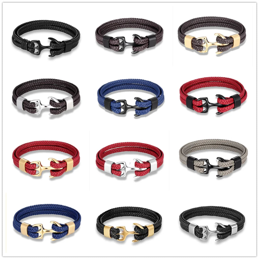 MKENDN Modisches Lederarmband für Herren, schwarzes geflochtenes mehrlagiges Seilarmband aus Edelstahl mit Anker, Herrenschmuck, Geschenkidee