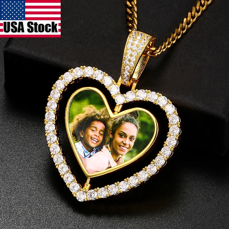 Custom Photo Pendant Necklace Heart Medallions Cubic Zirconia Rotating Double-Sided Custom Photo Gift For Mens Hip Hop Jewelry