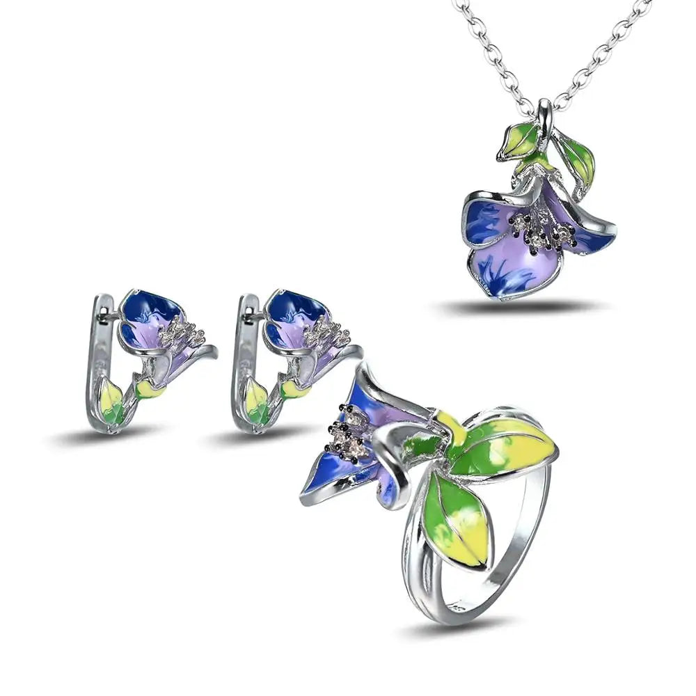 Foydjew European American Fashion Silver Color Epoxy Resin Jewelry Sets Women's Cloisonne Flower Earrings Pendant Necklaces Ring
