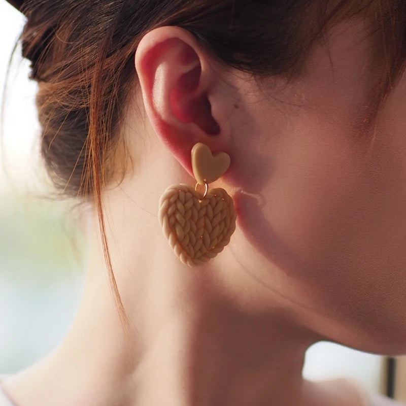 Leaves Heart Earthy Colors Arch Natural Handmade Polymer Clay Braided Pattern Earrings Dangle Sets Women Jewelry Holiday Wear