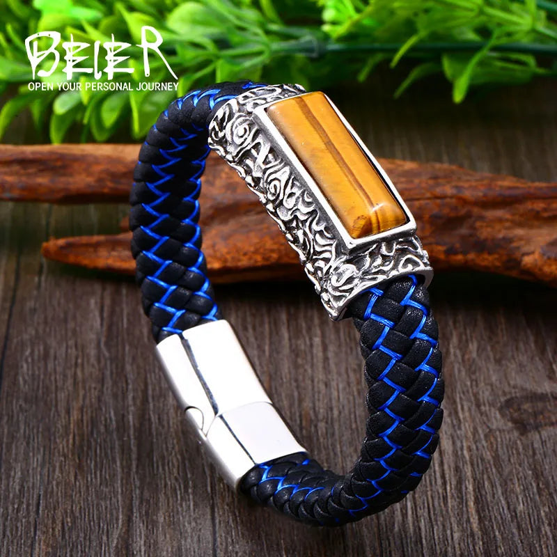 Beier 316L stainless steel Fashion colorful leather embedded stone bracelet men's popular high quality jewelry boy's gift
