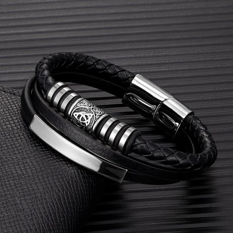 MKENDN Men's Multilayer Genuine Leather Bracelet Magnetic Clasp With Triangle Solid Trinity knot Beads Celtic Amulet Jewelry