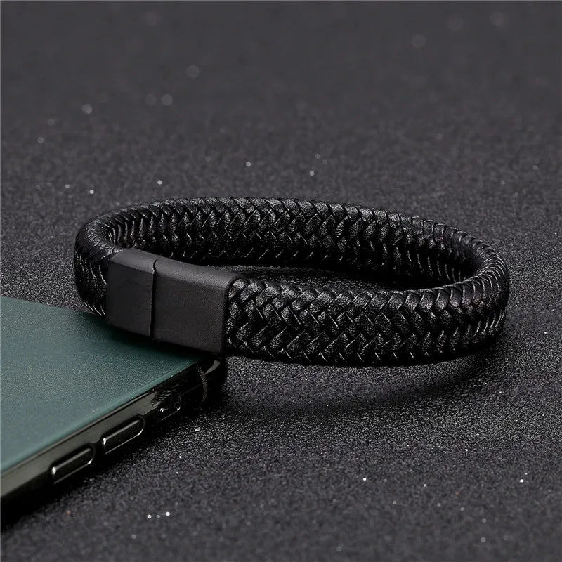 MKENDN Punk Men Leather Bracelet Black Stainless Steel Magnetic Clasp Braided Woven Bangle Pulseras lovers' gift - Madeinsea©