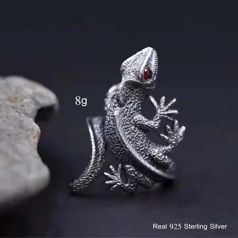 Buyee 925 Sterling Silber Tier Ring Finger Ausgezeichnete Eidechse Offener Ring Mann Frau Mode Punk Großer Feiner Schmuck Kreis mit Box