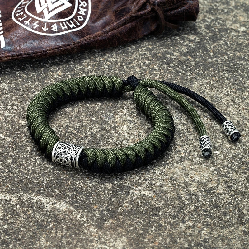MKENDN Bracelet Viking Ethnique Vintage Homme Guerrier Amulette Scandinave Valknut Symbole d'Odin des Runes Nordiques Bracelet Paracord