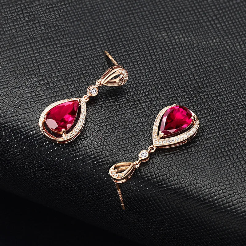 18k Rose Gold Jewelry with Ruby Red Gemstones Water Drop Shaped Earrings for Women Ruby Female Ear Drops Anniversary Cute Gifts
