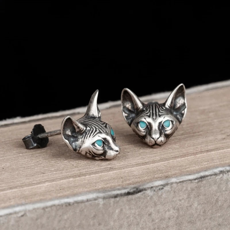 MKENDN Ohrstecker mit blauäugiger Sphynx-Katze, Meditations- und Yoga-Motiv, für Damen und Herren, Sterlingsilber 925, antiallergischer Schmuck