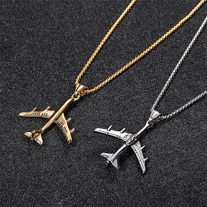 Airplane Pendant Necklace For Women Men Gold Color Stainless Steel Box Link Chain Aircraft Necklace Fashion Wholesale Jewelry