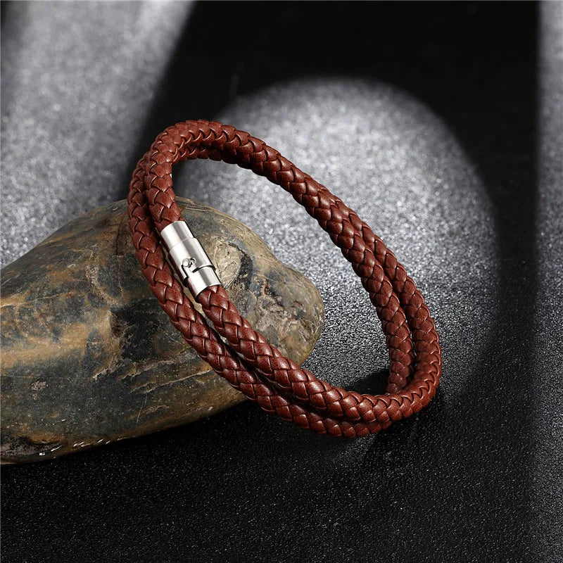 MKENDN Fashion Men's Choker Necklace Black Brown Braided Leather Necklace Stainless Steel Magnetic Clasp Male Jewelry Gifts - Madeinsea©
