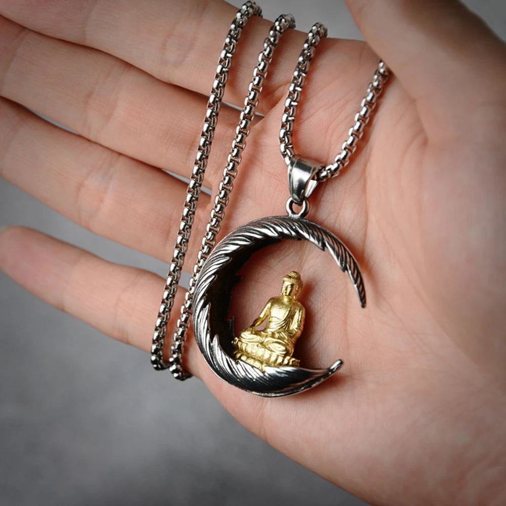Meditationsfeder Buddha Halskette Anhänger Männer Edelstahl Tathagata Avalokitesvara Anhänger Buddhistischer Amulettschmuck