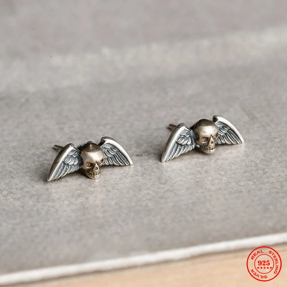 MKENDN 100% 925 Sterling Silver Creative Retro Skull Wings Stud Earring Trendy Street Punk Style Ear Pin for Men Women Jewelry