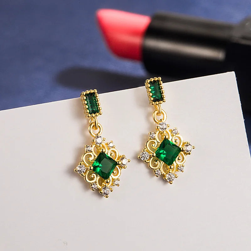 14K Yellow Gold Jewerly Drop Earring for Women Orecchini Aretes De Mujer Real Gold Jewelry Vintage Emerld Gemstone Drop Earrings