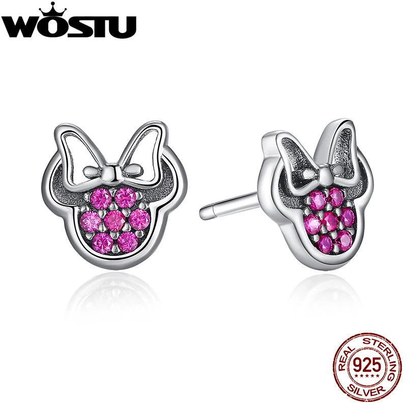 WOSTU Authentic 925 Sterling Silver Clear CZ Sparkling Minnie Stud Earrings For Women Girl Cute Animal Fine Jewelry Gift Making