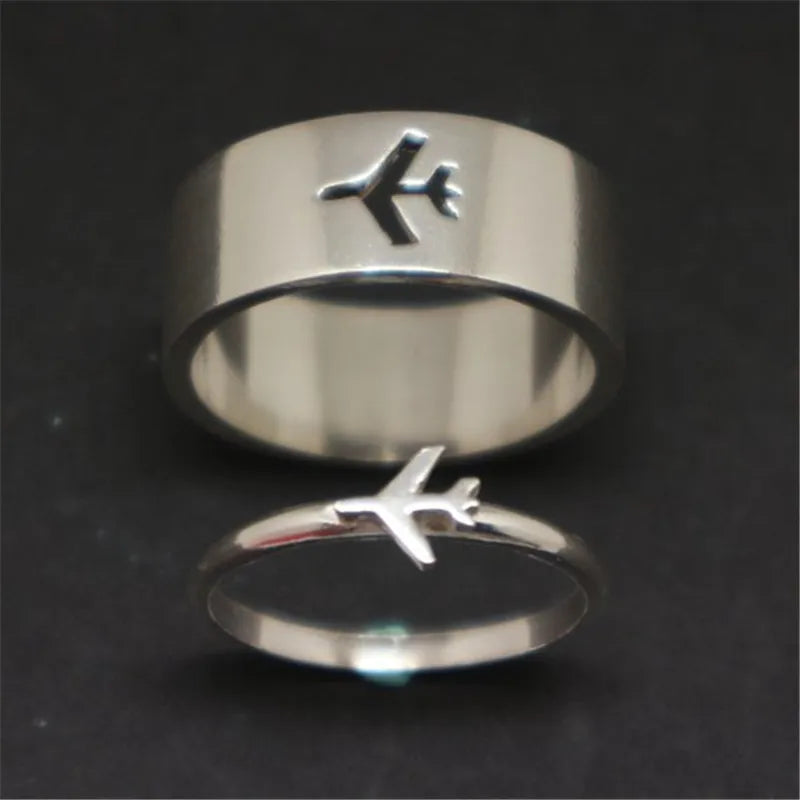 MKENDN Gold Plated Butterfly Couple Ring Women Men Flight Airplane Dinosaur Shark Ring Attendant Wedding Aviation Lover Gift