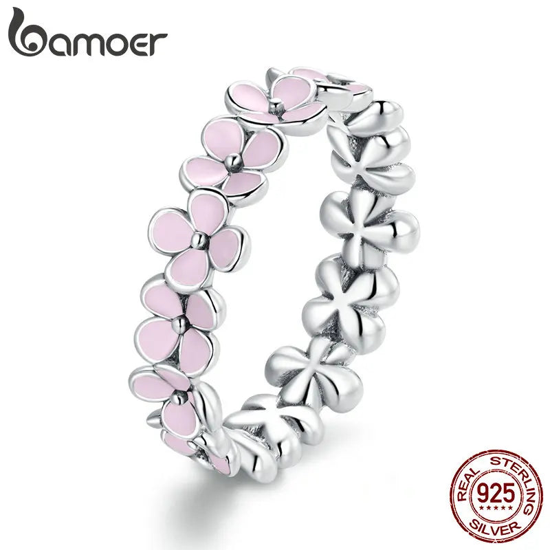 BAMOER S925 Sterling Silber Rosa Kranz Fingerring für Frauen Geburtstag Valentinstag Geschenk Süß Romantisch Edler Schmuck 3 Farben