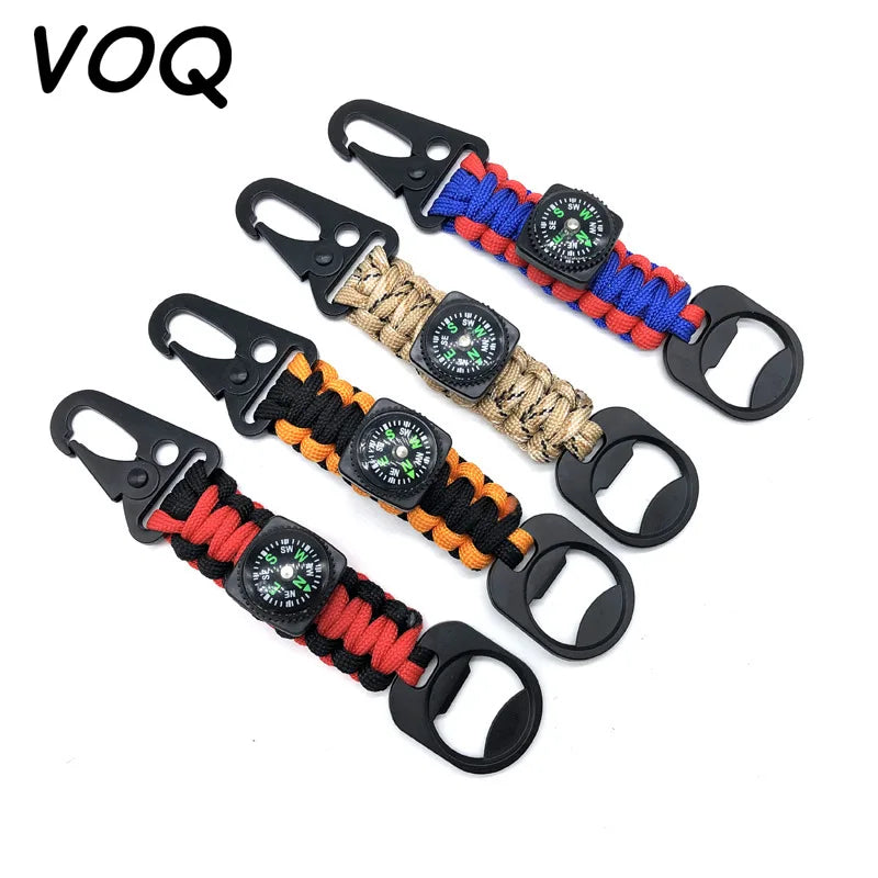 VOQ Multifunctional Compass Olecranon Bottle Opener Carabiner Key Chains Seven-core Umbrella Rope Hand-woven Keychain Wholesale