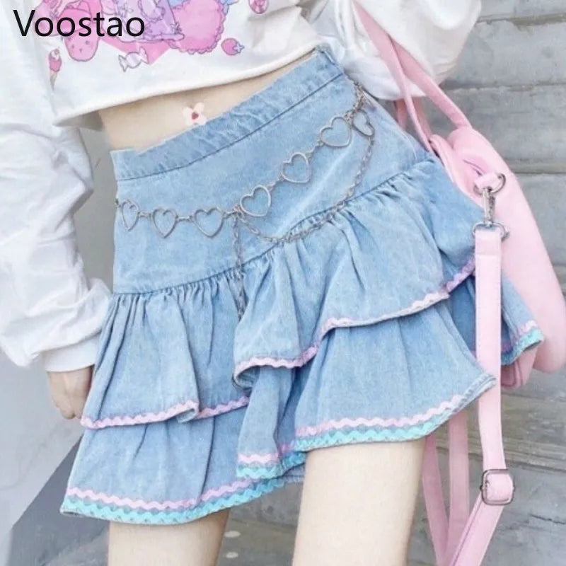 Sweet Lolita Style Mini Skirts Women Harajuku Cute Preppy Style Jk Denim Skirt Japanese Girls Sexy Punk High Waist Tiered Skirt