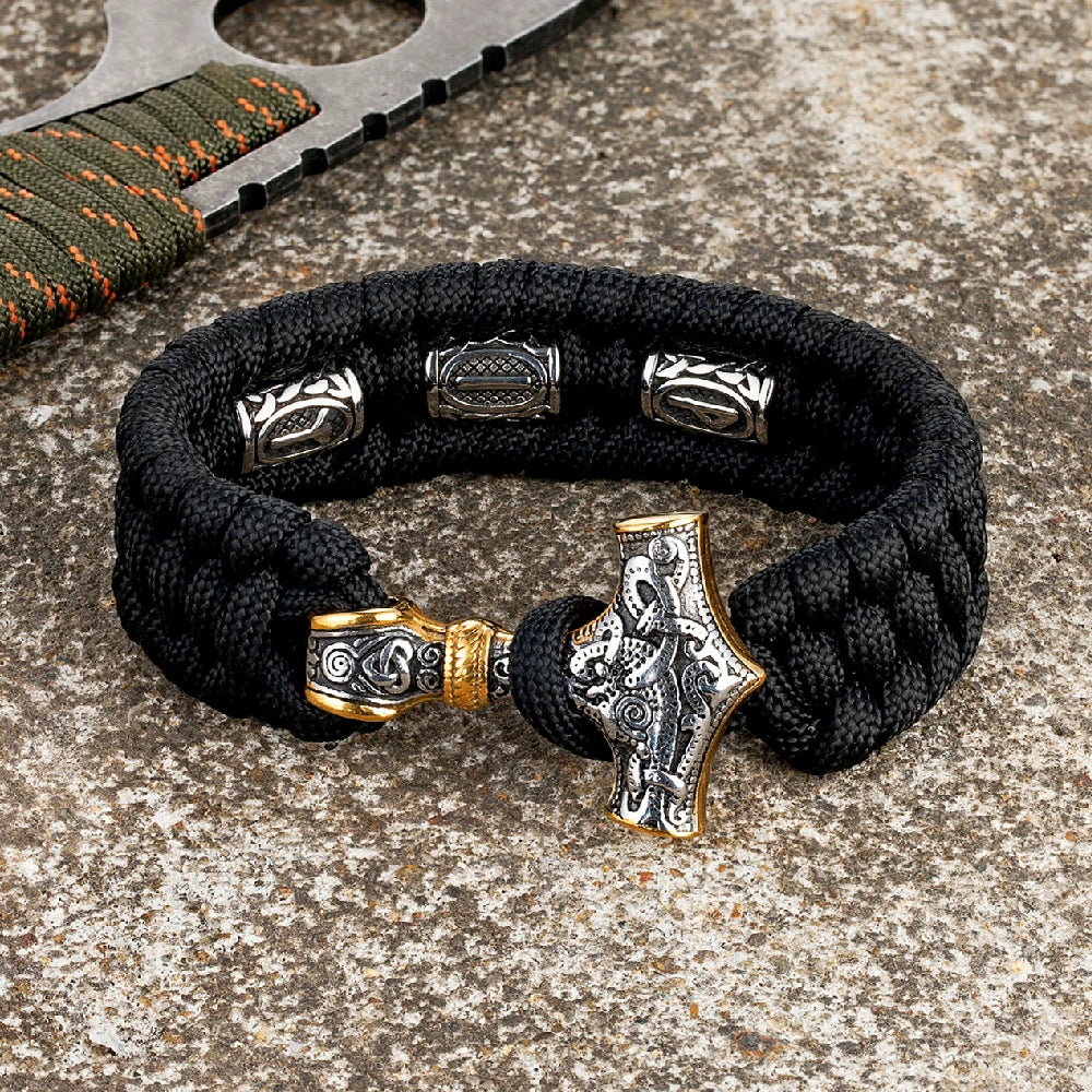 MKENDN Thor's Hammer Viking Bracelet Mjolnir Scandinavian Runes Amulet Beads Survival Bracelets Men Women Handmade Amulet Jewel
