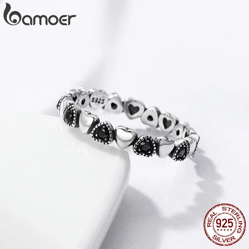 BAMOER Echtes 925 Sterling Silber Stapelbarer Ring Herz Schwarz CZ Fingerringe für Frauen Hochzeitstag Schmuck Anel SCR140