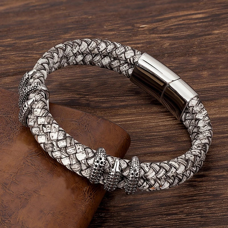 MKENDN Gothic Men Vintage Gray Braided Genuine Leather Bracelet Dragon Claw Homme Femme Bracelets Handmade Jewelry Pulseras - Madeinsea©
